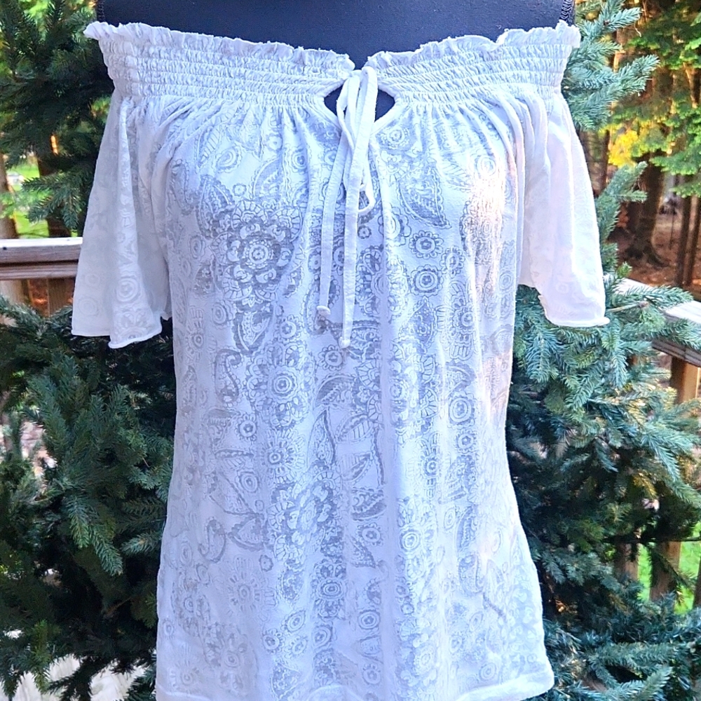 White Y2K off The shoulder White Sheer Milkmaid Burnout feminine fairy top